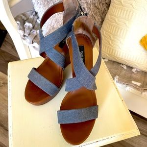 Adorable denim with wood heels wedges from White House Black Market!